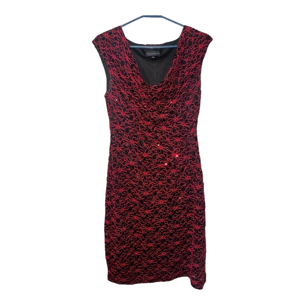 Connected Apparel Red/Black Lace Sequin Dress, Size 8